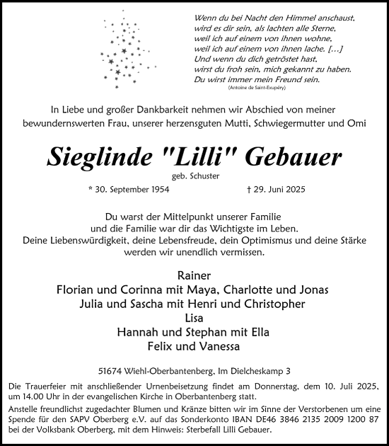 Anzeige von Sieglinde Gebauer von  Anzeigen Echo 