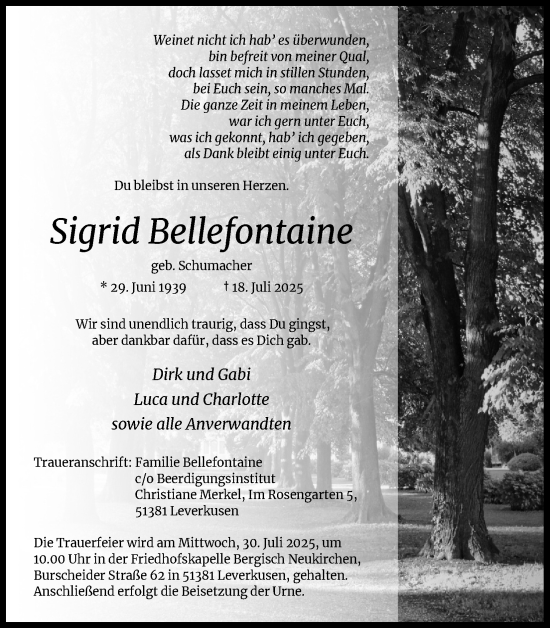 Anzeige von Sigrid Bellefontaine von Kölner Stadt-Anzeiger / Kölnische Rundschau / Express