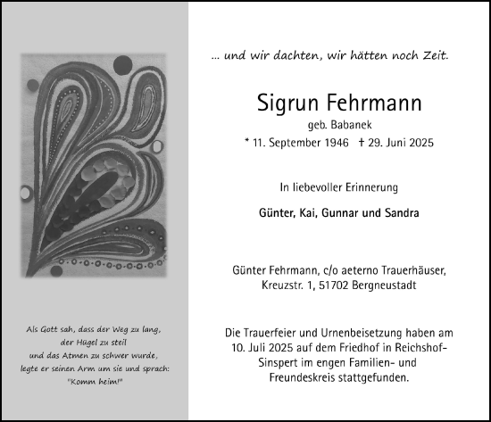 Anzeige von Sigrun Fehrmann von  Anzeigen Echo 