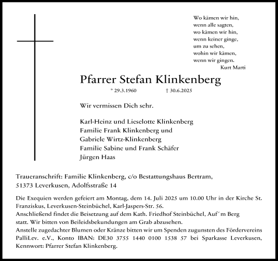 Anzeige von Stefan Klinkenberg von Kölner Stadt-Anzeiger / Kölnische Rundschau / Express