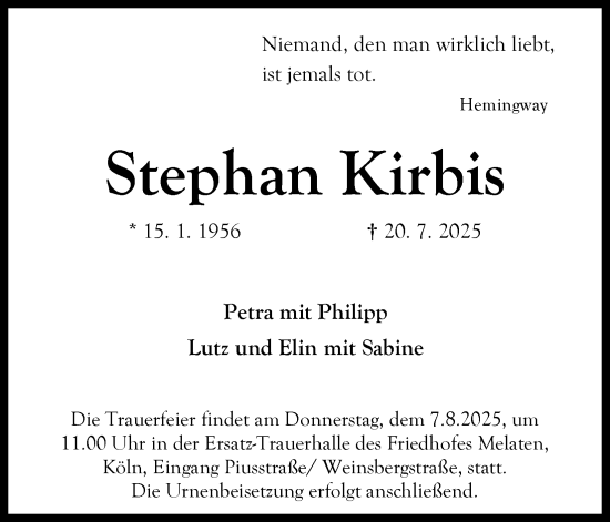 Anzeige von Stephan Kirbis von Kölner Stadt-Anzeiger / Kölnische Rundschau / Express
