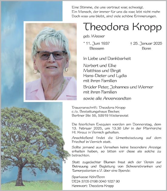 Anzeige von Theodora Kropp von  Blickpunkt Euskirchen 