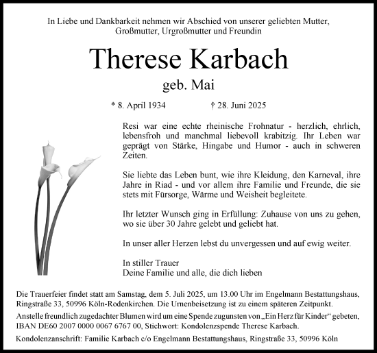Anzeige von Therese Karbach von Kölner Stadt-Anzeiger / Kölnische Rundschau / Express