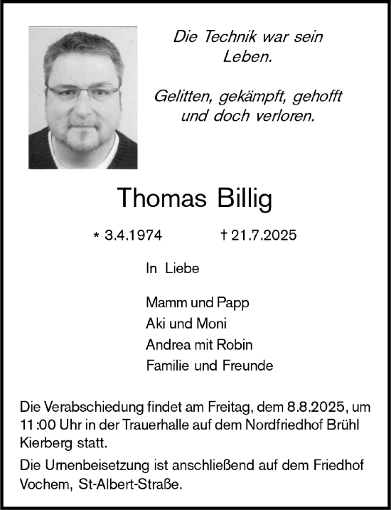 Anzeige von Thomas Billig von  Schlossbote/Werbekurier 