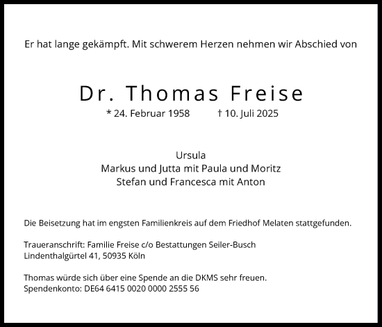 Anzeige von Thomas Freise von Kölner Stadt-Anzeiger / Kölnische Rundschau / Express