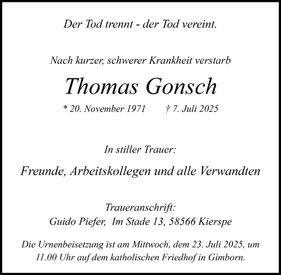 Anzeige von Thomas Gonsch von  Anzeigen Echo 