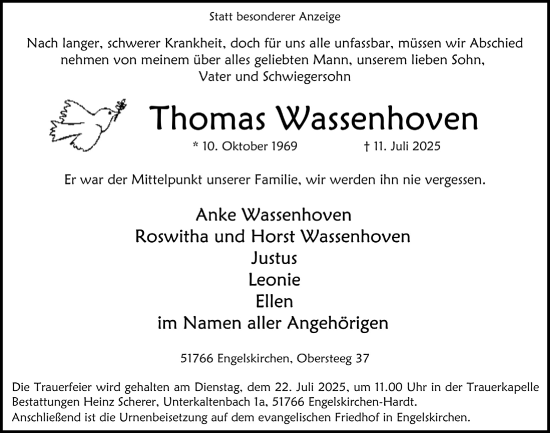 Anzeige von Thomas Wassenhoven von  Anzeigen Echo 
