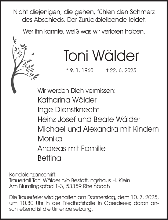 Anzeige von Toni Wälder von  Schaufenster/Blickpunkt 