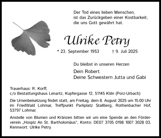 Anzeige von Ulrike Petry von Kölner Stadt-Anzeiger / Kölnische Rundschau / Express