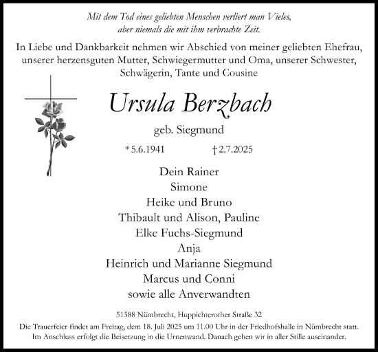Anzeige von Ursula Berzbach von  Lokalanzeiger 