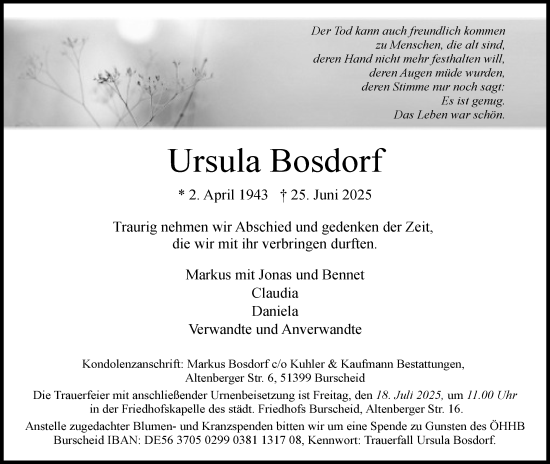 Anzeige von Ursula Bosdorf von Kölner Stadt-Anzeiger / Kölnische Rundschau / Express