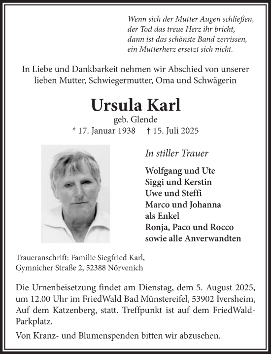 Anzeige von Ursula Karl von  Wochenende 
