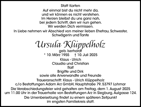 Anzeige von Ursula Klüppelholz von Kölner Stadt-Anzeiger / Kölnische Rundschau / Express