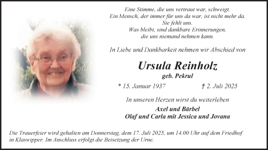 Anzeige von Ursula Reinholz von Kölner Stadt-Anzeiger / Kölnische Rundschau / Express
