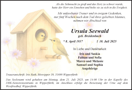 Anzeige von Ursula Seewald von Kölner Stadt-Anzeiger / Kölnische Rundschau / Express