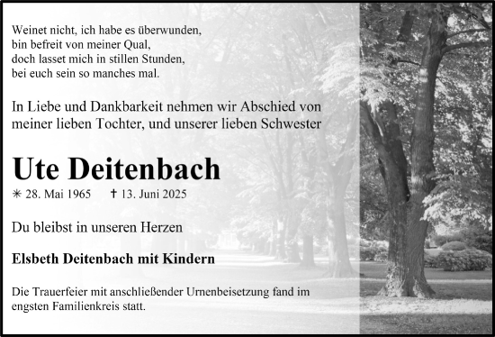 Anzeige von Ute Deitenbach von  Anzeigen Echo 