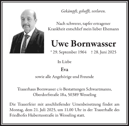 Anzeige von Uwe Bornwasser von  Schlossbote/Werbekurier 