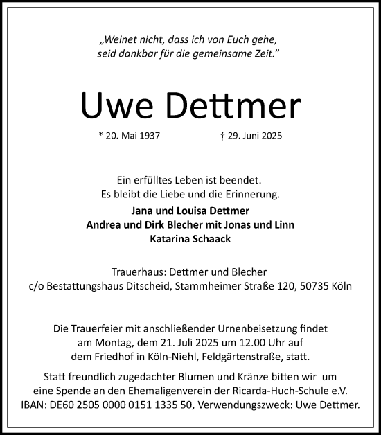 Anzeige von Uwe Dettmer von Kölner Stadt-Anzeiger / Kölnische Rundschau / Express