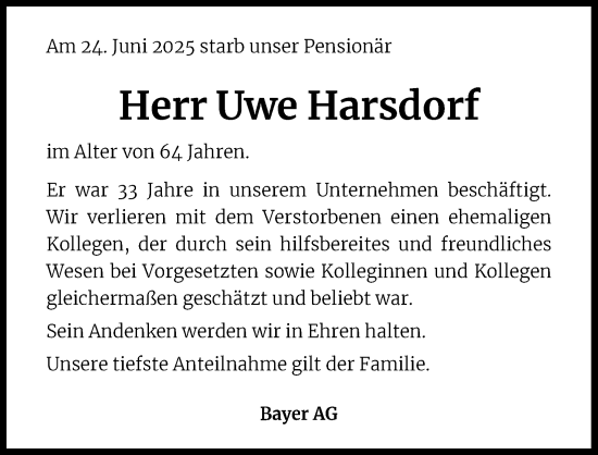 Anzeige von Uwe Harsdorf von Kölner Stadt-Anzeiger / Kölnische Rundschau / Express