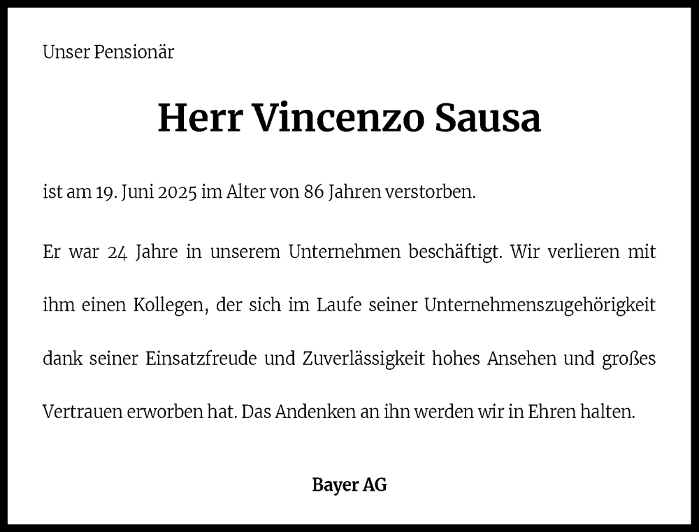  Traueranzeige für Vincenzo Sausa vom 11.07.2025 aus Kölner Stadt-Anzeiger / Kölnische Rundschau / Express