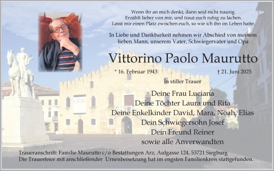 Anzeige von Vittorino Paolo Maurutto von Kölner Stadt-Anzeiger / Kölnische Rundschau / Express