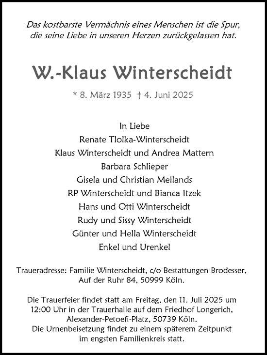 Anzeige von W.-Klaus Winterscheidt von Kölner Stadt-Anzeiger / Kölnische Rundschau / Express