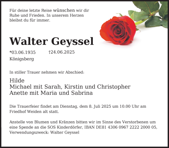 Anzeige von Walter Geyssel von Kölner Stadt-Anzeiger / Kölnische Rundschau / Express