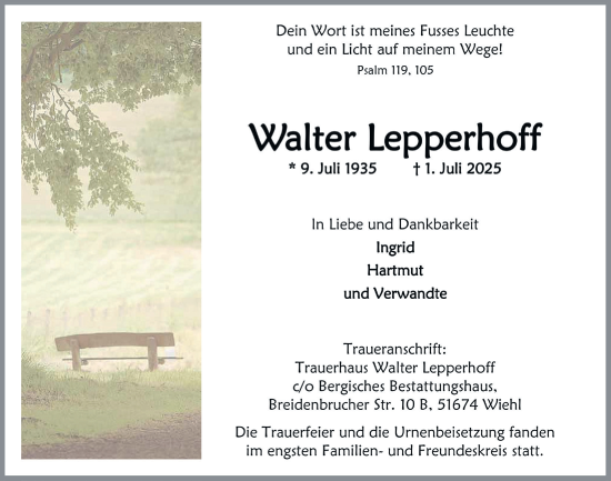 Anzeige von Walter Lepperhoff von  Anzeigen Echo  Lokalanzeiger 