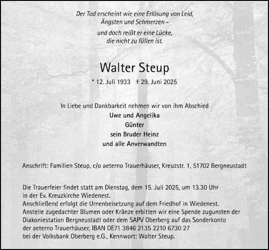 Anzeige von Walter Steup von  Anzeigen Echo 