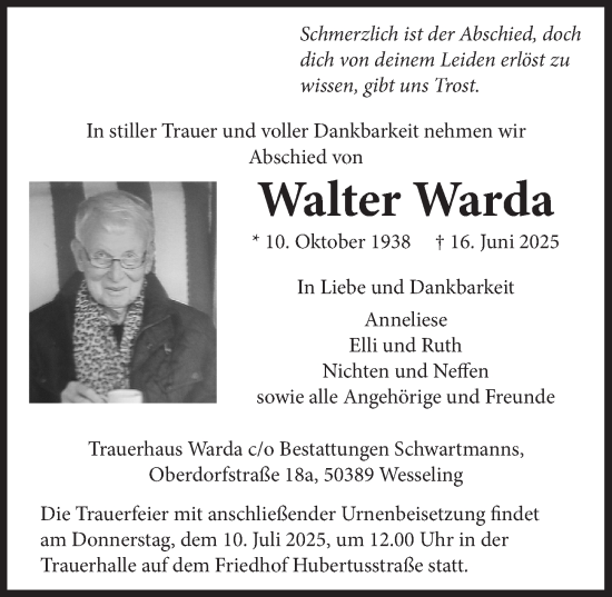 Anzeige von Walter Warda von  Schlossbote/Werbekurier 