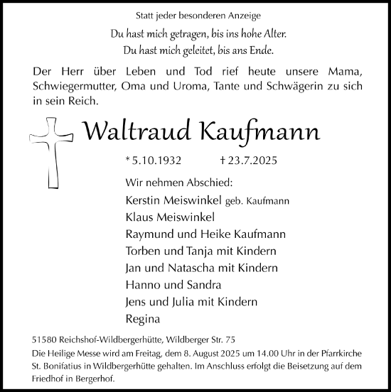 Anzeige von Waltraud Kaufmann von  Lokalanzeiger 
