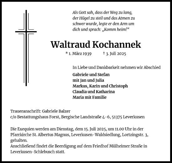 Anzeige von Waltraud Kochannek von Kölner Stadt-Anzeiger / Kölnische Rundschau / Express