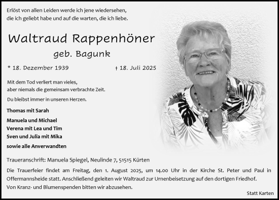 Anzeige von Waltraud Rappenhöner von Kölner Stadt-Anzeiger / Kölnische Rundschau / Express