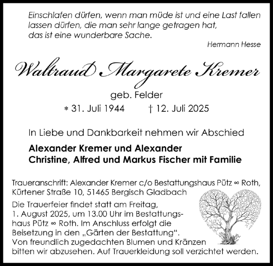 Anzeige von Waltraud Margarete Kremer von  Bergisches Handelsblatt 