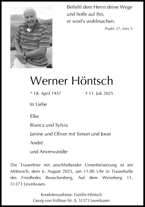 Anzeige von Werner Höntsch von Kölner Stadt-Anzeiger / Kölnische Rundschau / Express