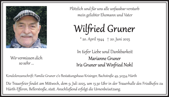 Anzeige von Wilfried Gruner von  Wochenende 