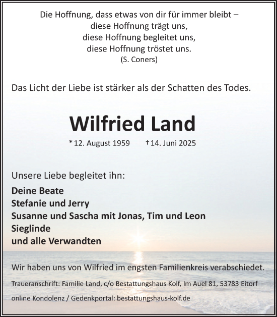 Anzeige von Wilfried Land von Kölner Stadt-Anzeiger / Kölnische Rundschau / Express