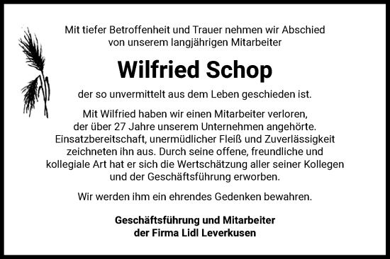 Anzeige von Wilfried Schop von Kölner Stadt-Anzeiger / Kölnische Rundschau / Express