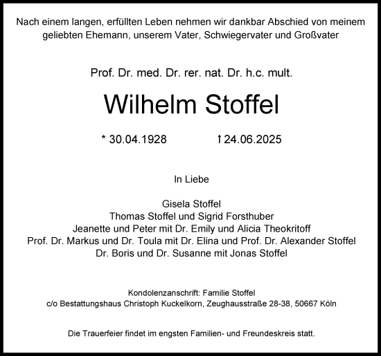Anzeige von Wilhelm Stoffel von Kölner Stadt-Anzeiger / Kölnische Rundschau / Express