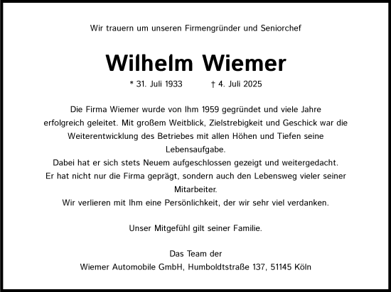 Anzeige von Wilhelm Wiemer von Kölner Stadt-Anzeiger / Kölnische Rundschau / Express