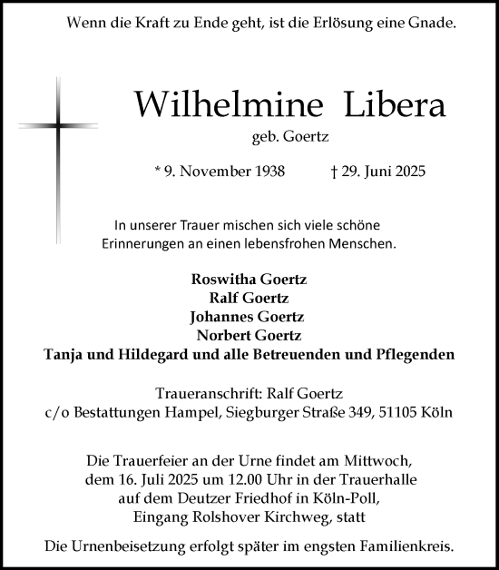 Anzeige von Wilhelmine Libera von Kölner Stadt-Anzeiger / Kölnische Rundschau / Express