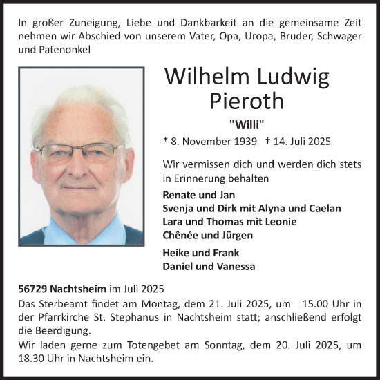 Anzeige von Wilhelm Ludwig Pieroth von Kölner Stadt-Anzeiger / Kölnische Rundschau / Express