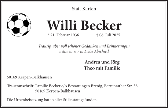 Anzeige von Willi Becker von  Werbepost 
