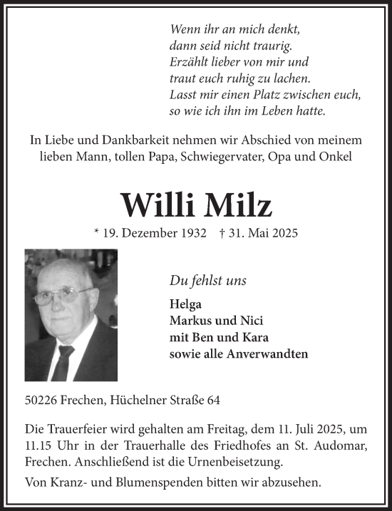 Anzeige von Willi Milz von  Wochenende 