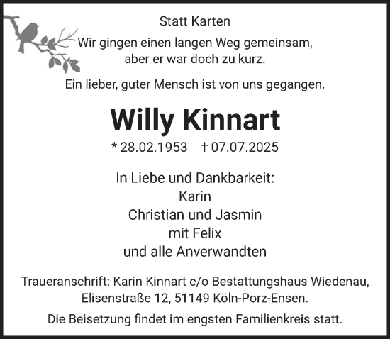 Anzeige von Willy Kinnart von  EXPRESS - Die Woche 