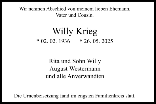 Anzeige von Willy Krieg von Kölner Stadt-Anzeiger / Kölnische Rundschau / Express