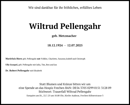 Anzeige von Wiltrud Pellengahr von Kölner Stadt-Anzeiger / Kölnische Rundschau / Express