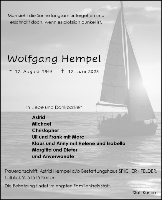 Anzeige von Wolfgang Hempel von Kölner Stadt-Anzeiger / Kölnische Rundschau / Express