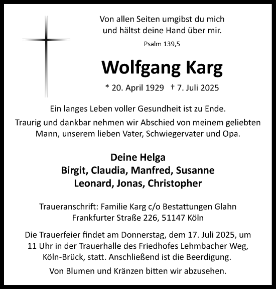 Anzeige von Wolfgang Karg von Kölner Stadt-Anzeiger / Kölnische Rundschau / Express