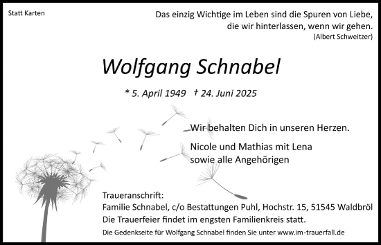 Anzeige von Wolfgang Schnabel von  Lokalanzeiger 